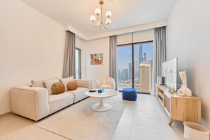 TV - Stunning 2BR Skyline Stay | Full Burj Khalifa View (Dubai)