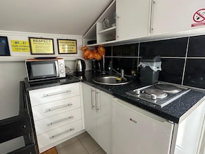 Mini-fridge, microwave, dishwasher, cookware/dishes/utensils