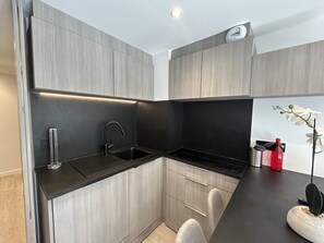 A modern kitchen with grey cabinetry, a black countertop, and a stainless steel sink. - 3-Room Duplex in Méribel Mottaret, Family-Friendly, Ski-In/Ski-Out (Méribel)
