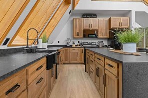 Fridge, microwave, oven, stovetop - New Lux Smokies A-Frame Cabin! Spa, Hot Tub, Fire Pit, Pool & Mountain Vibes! (Sevierville)