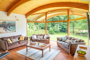 Een televisie, een open haard en een tafeltennistafel