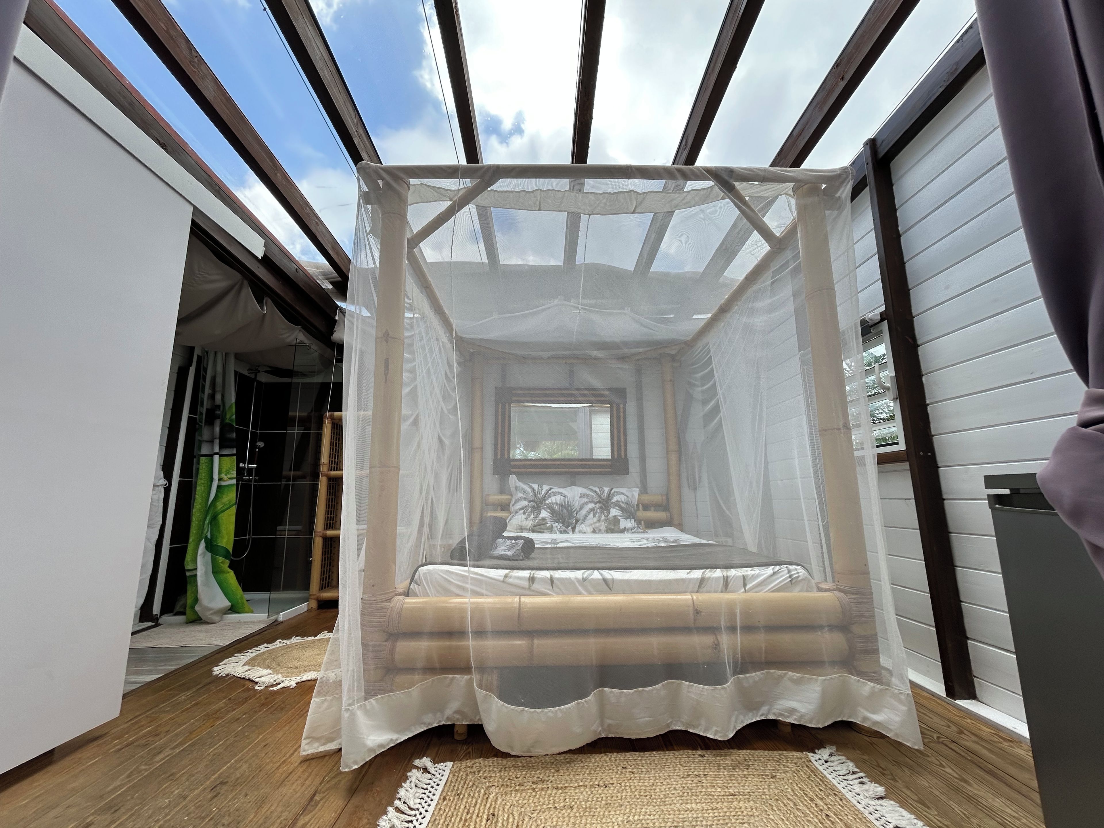 A room with a bed under a canopy, a window, and a view of the sky.