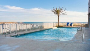 En swimmingpool med palmetræ, hvidt hegn og blå liggestole.