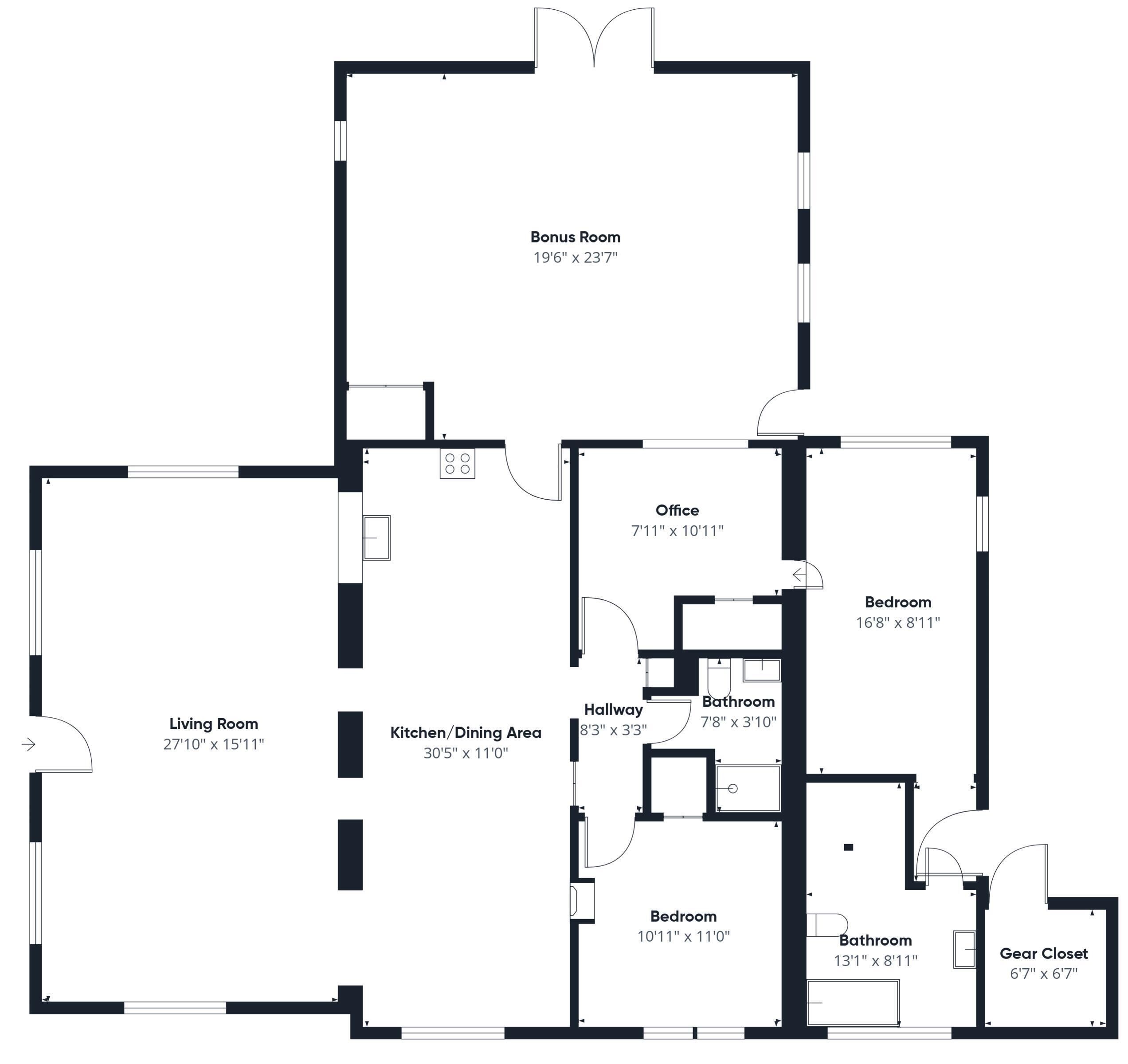 Plano de planta que muestra una sala de estar, cocina, comedor, oficina, cuarto adicional, dos dormitorios, un baño y un armario para equipos.