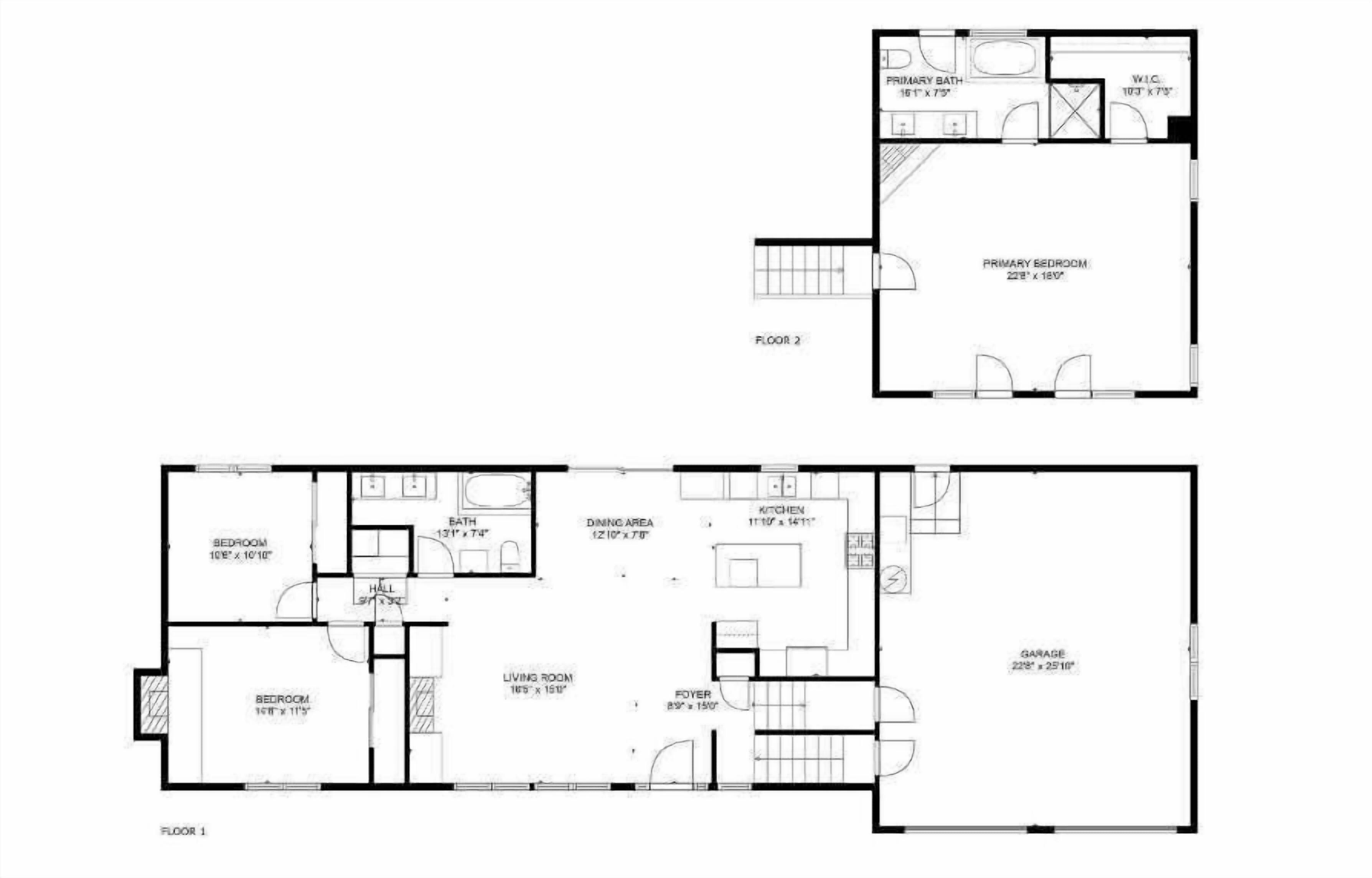 Grundplan af et toetagers hus med et soveværelse, to værelser, en stue, spiseområde, køkken, badeværelse og en garage.
