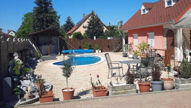 A backyard with a swimming pool, potted plants, and a brick patio.