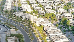 Una zona residencial moderna con edificios de apartamentos uniformes, una carretera curva y palmeras.