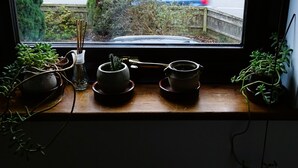 A window sill with three potted plants and a glass vase with a candle. - Lovely 3 bedroom detached house in Newbury (Newbury)