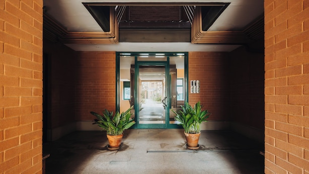 Un pasillo con paredes de ladrillo, una puerta verde y plantas en macetas.
