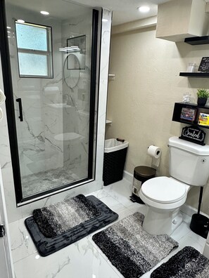 Shower, hair dryer, towels, toilet paper