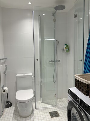 Secador de cabelo, toalhas de banho, sabonete, shampoo