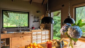 A kitchen with wooden cabinets, a sink, and a window overlooking greenery. - Parque Cascadas, CABIN Rio Simpson-Patagonia Chile (Aysén)