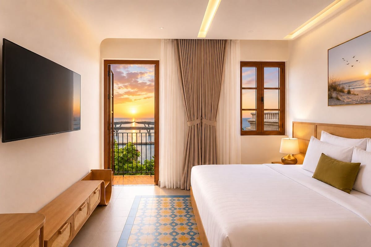 Balcony Suite Firework Ocean | Minibar, desk, laptop workspace, blackout drapes