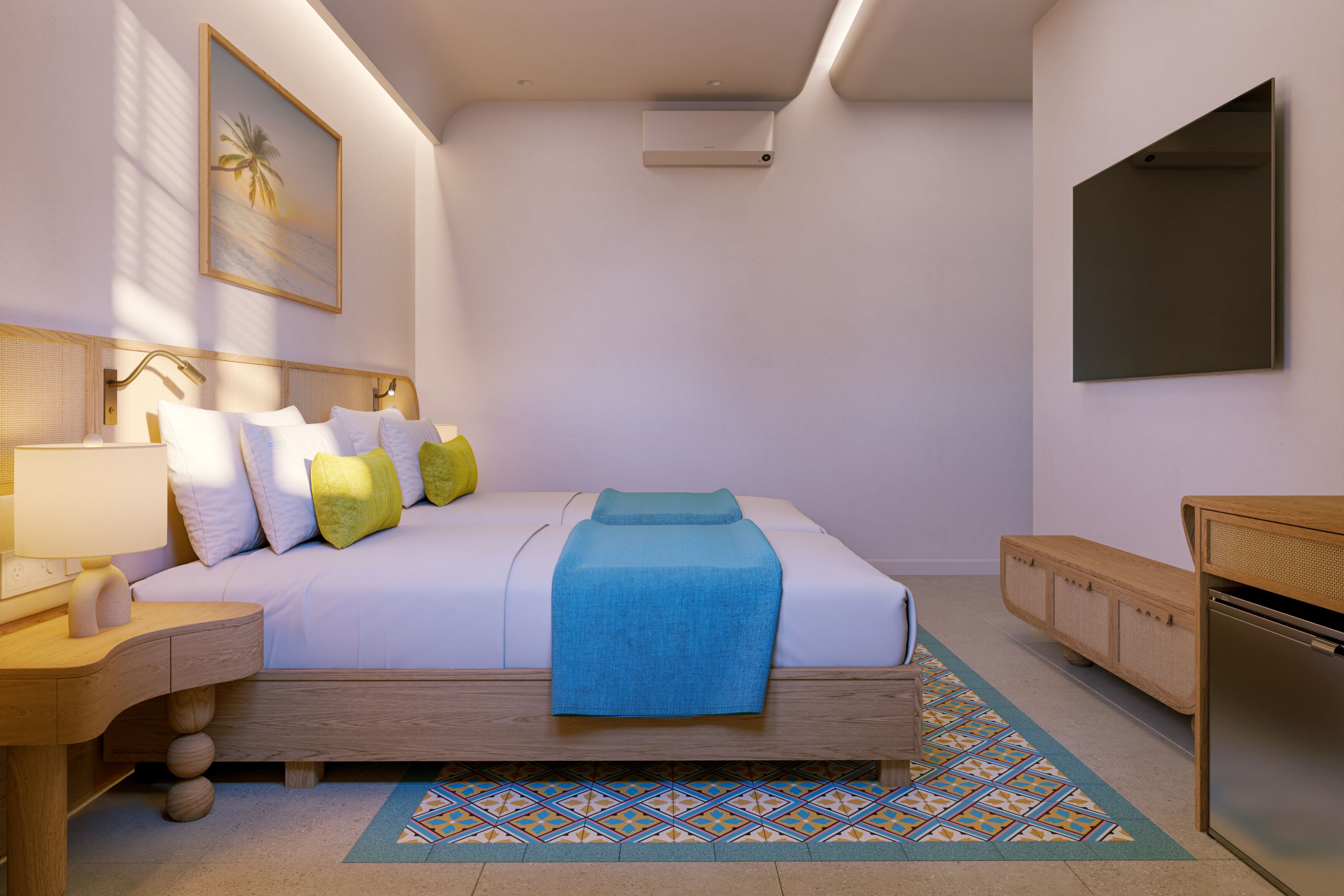 Een moderne hotelkamer met een groot bed, een nachtkastje met een lamp, een klein houten kastje, een aan de muur bevestigde televisie en een kamerbreed tapijt.