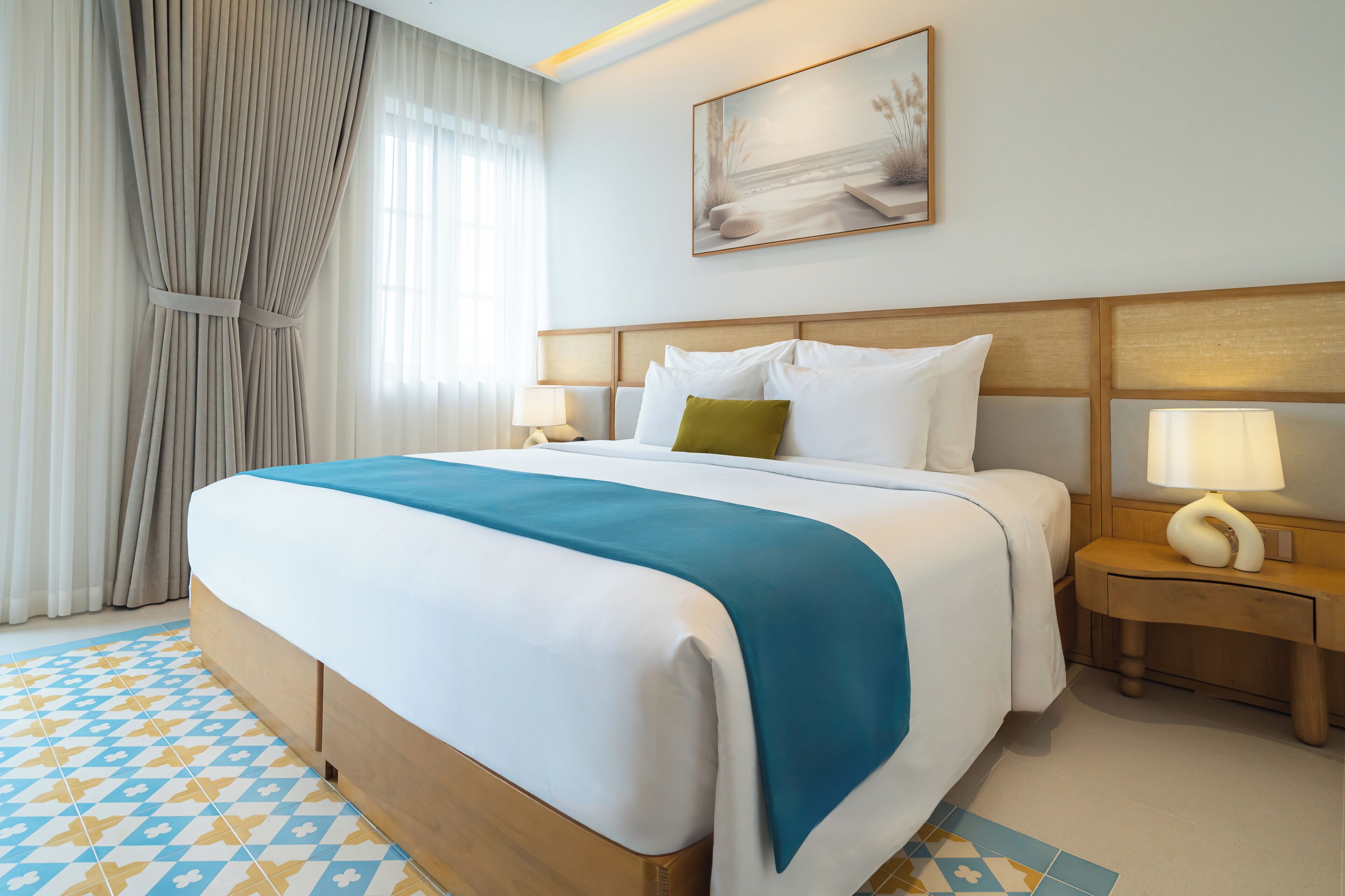 Desk, laptop workspace, blackout drapes, soundproofing