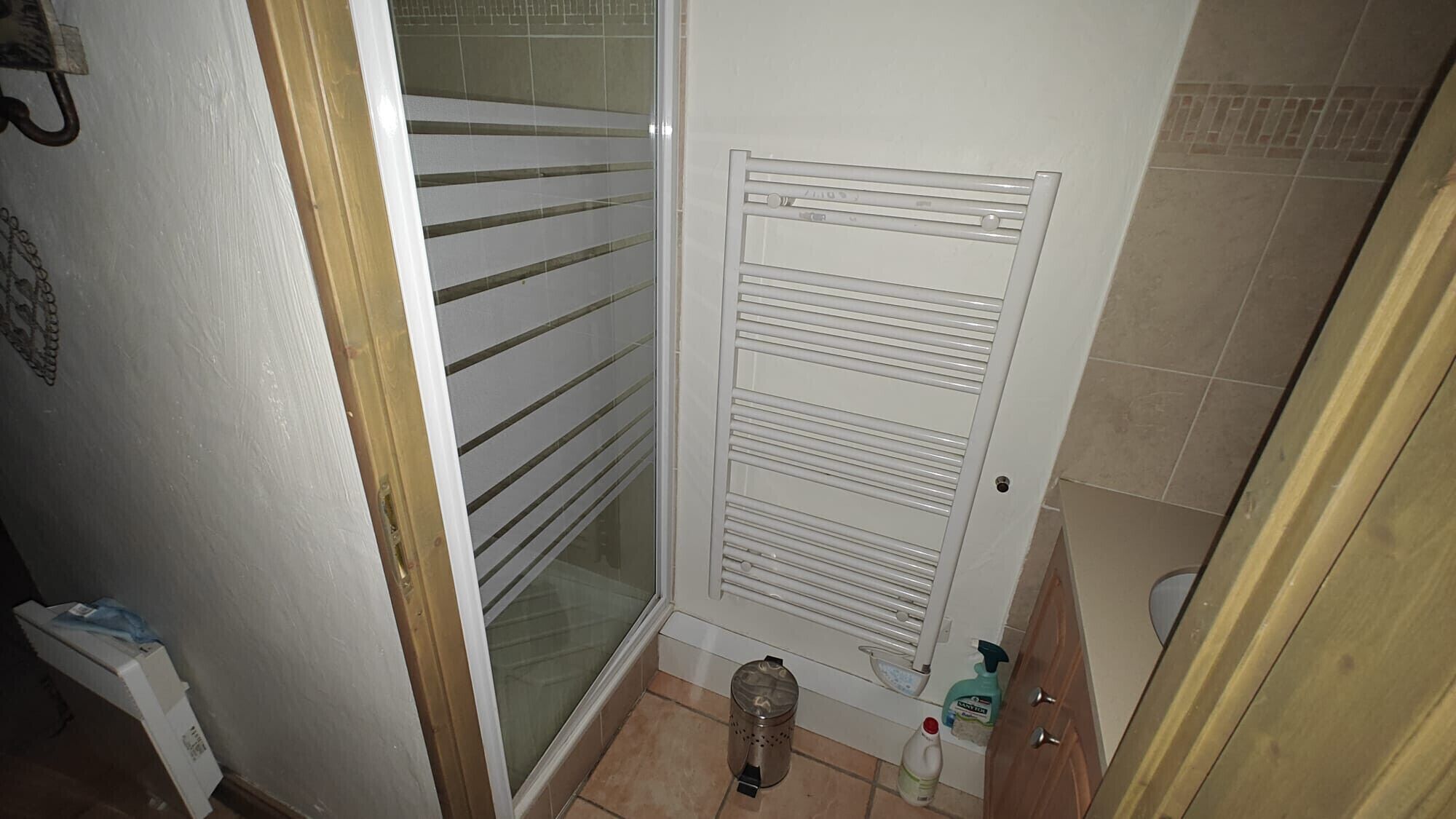 A bathroom with a glass shower door, a toilet, and a small trash bin.