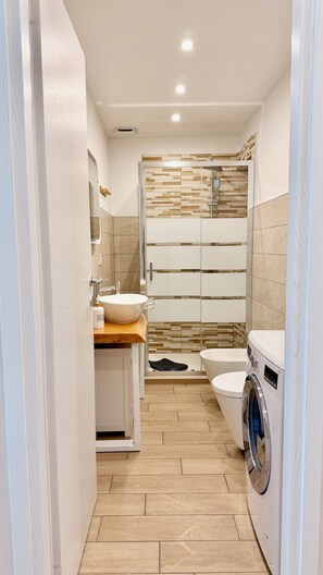 Hair dryer, towels, soap, toilet paper