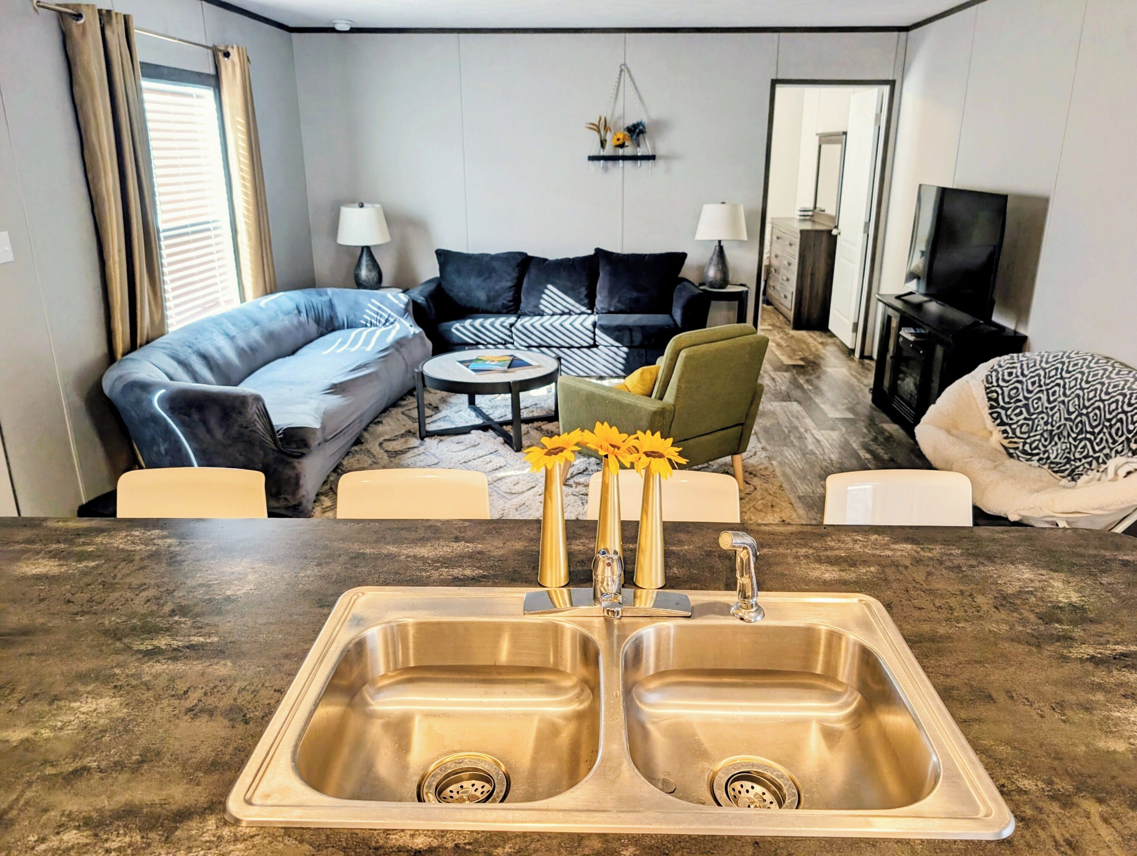 Smart TV, fireplace, books