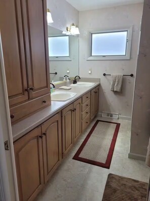 Hair dryer, towels, soap, toilet paper