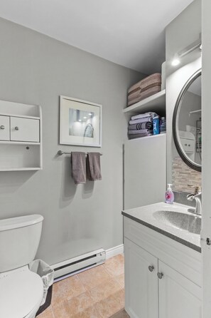 Hair dryer, towels, soap, shampoo