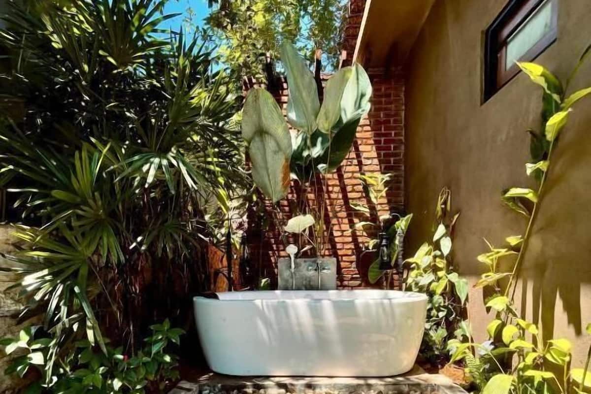 A garden with a large planter, various plants, and a stone pathway.