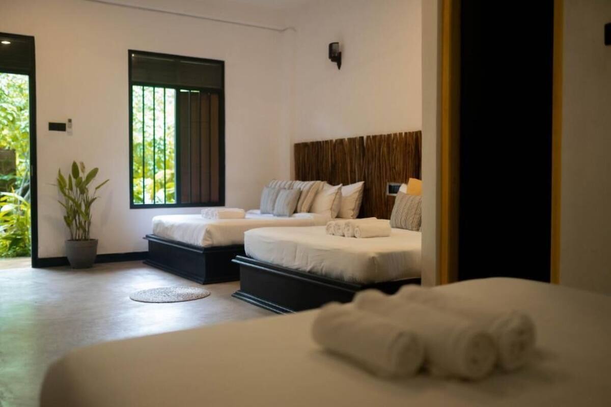 A modern bedroom with two beds, a potted plant, and a view of greenery outside.