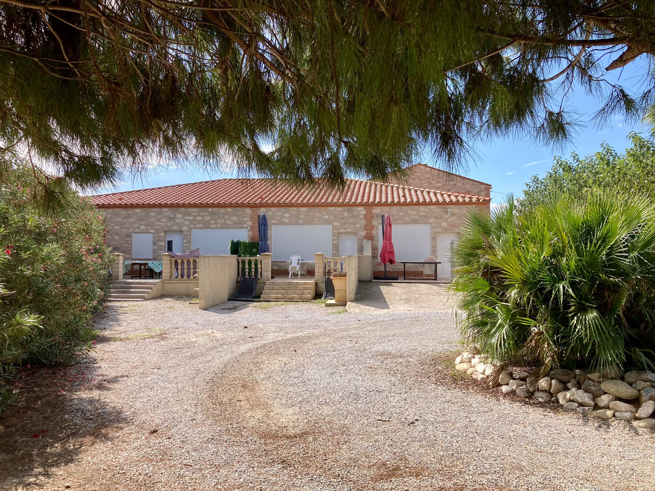 A stone building with a tiled roof, a gravel driveway, and a palm tree.