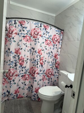 Secadora de cabello, toallas, jabón, papel de baño 