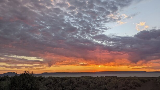 A sunset over a coastal landscape with dense shrubbery in the foreground. - Dark Sky · Stargazer Horse Trailer · Edge of the Alvord Desert (Princeton)