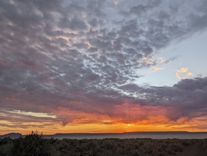 Un atardecer sobre un paisaje costero con matorral denso en primer plano.