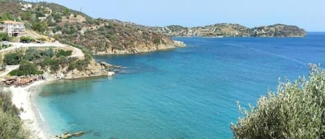 On the beach, sun loungers
