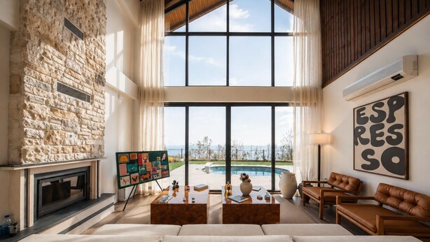 A spacious living room with a stone fireplace, large windows, a pool view, and a cozy seating area. - Voger Sapanca Lake View (Sapanca)