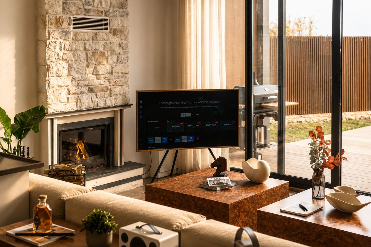Biệt thự Deluxe, quang cảnh hồ | Khu phòng khách | Smart TV 55-inch có truyền hình kỹ thuật số 