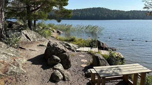 Un cadre idyllique au bord du lac, avec un banc en bois, des rochers et une vue dégagée sur le lac et la forêt.