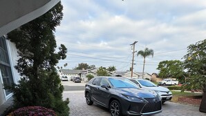 A driveway with a parked car, a house, and a garden with potted plants.