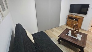 A modern living room with a black sofa, a wooden coffee table, a television, and a sliding door closet. - Apparently (Naintré)