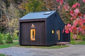 A small, dark wooden cabin with a sloped roof, a single visible door, and a small porch. - Loft 4 - Designer Cabin, Walls of Light, Sauna (Brownsville)