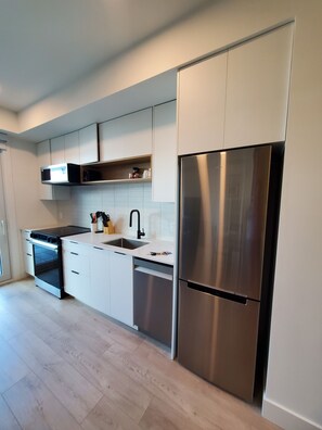 Private kitchen -  New 1-bedroom furnished condo with AC in charming Cultural District of Kelowna (Kelowna)