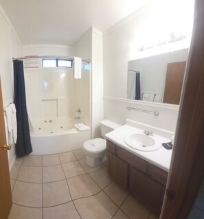 Jetted bath, hair dryer, towels