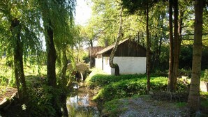 Un bâtiment de style japonais traditionnel, avec un toit de chaume, entouré d’une végétation luxuriante et traversé par un petit ruisseau.