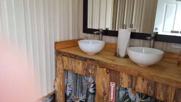 Shower, towels, soap, toilet paper