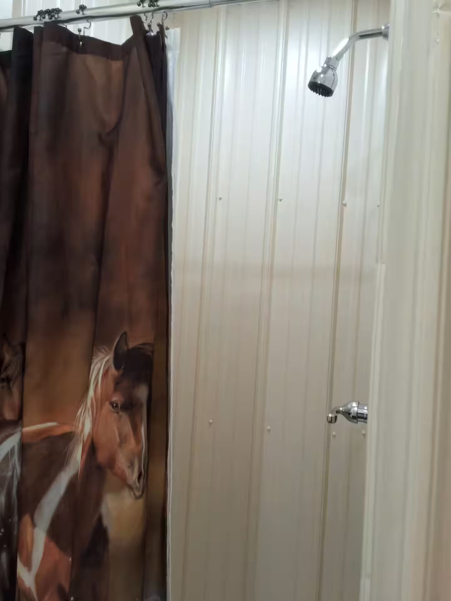 Ein Badezimmer mit einer Duschvorhang mit einem Pferdemotiv.