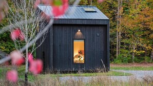 Una petita cabana de fusta fosca amb una xemeneia interior visible, envoltada d'un paisatge natural.