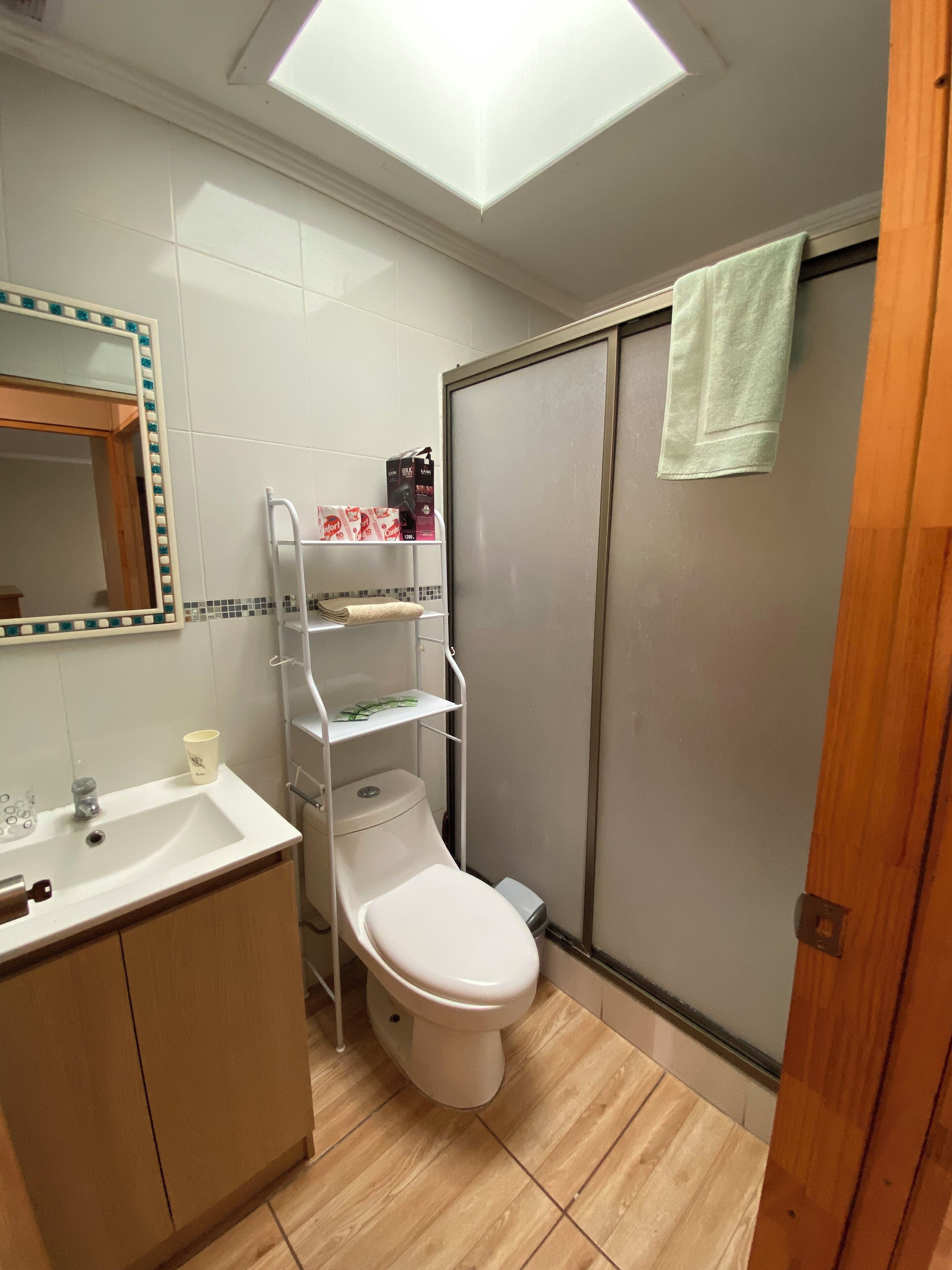 Hair dryer, towels, soap, toilet paper