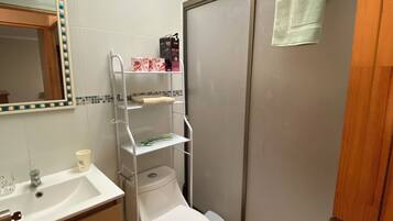 Hair dryer, towels, soap, toilet paper