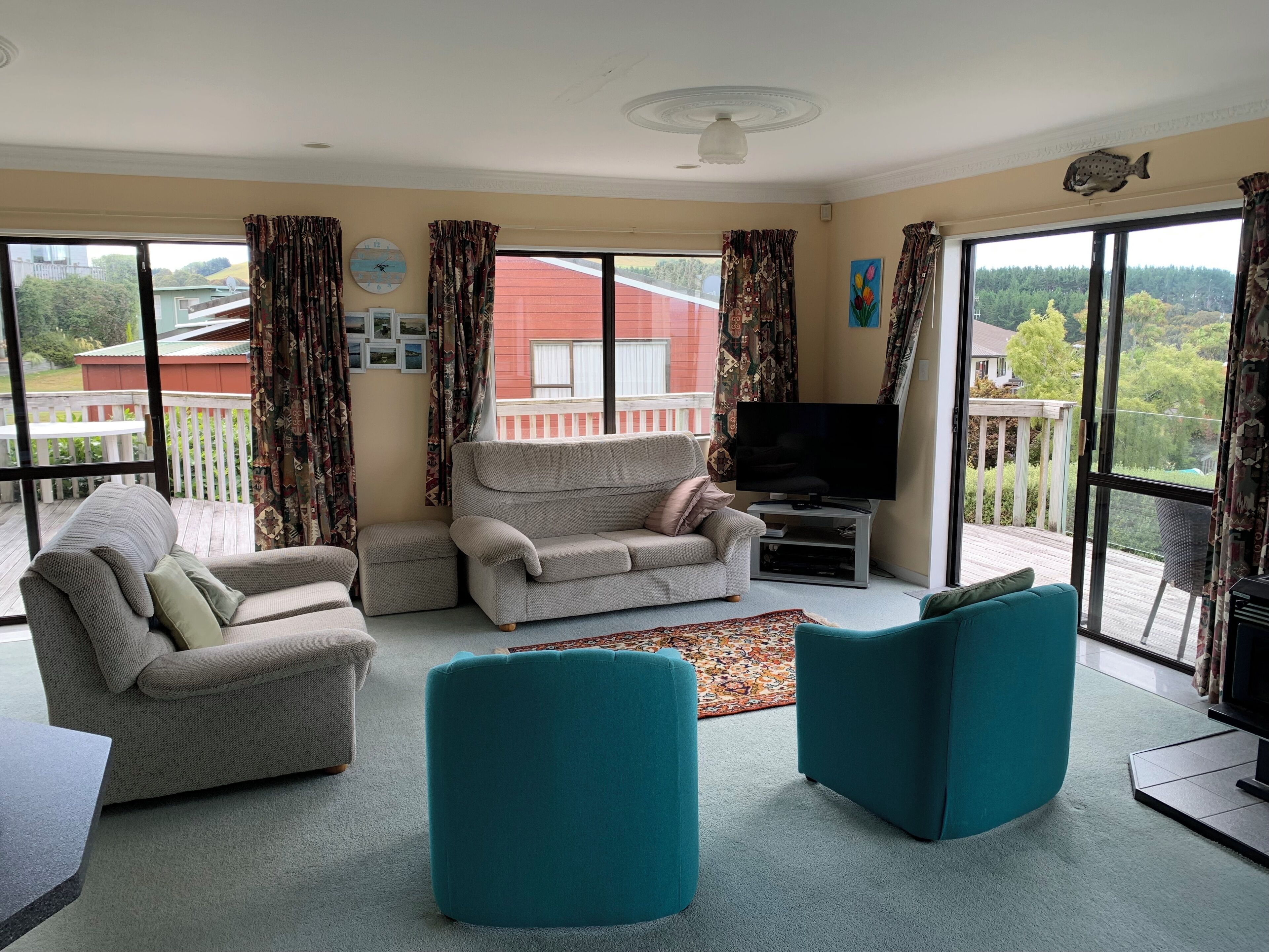 Smart TV, fireplace, books, stereo