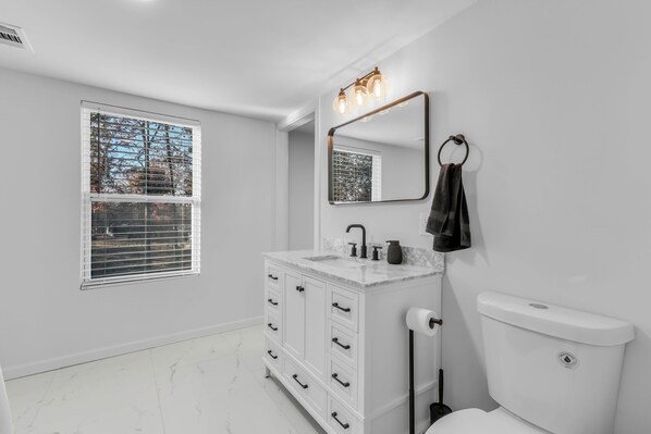 A modern bathroom with a white vanity, a large mirror, and a toilet.