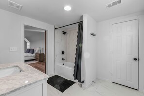 Hair dryer, towels, soap, shampoo