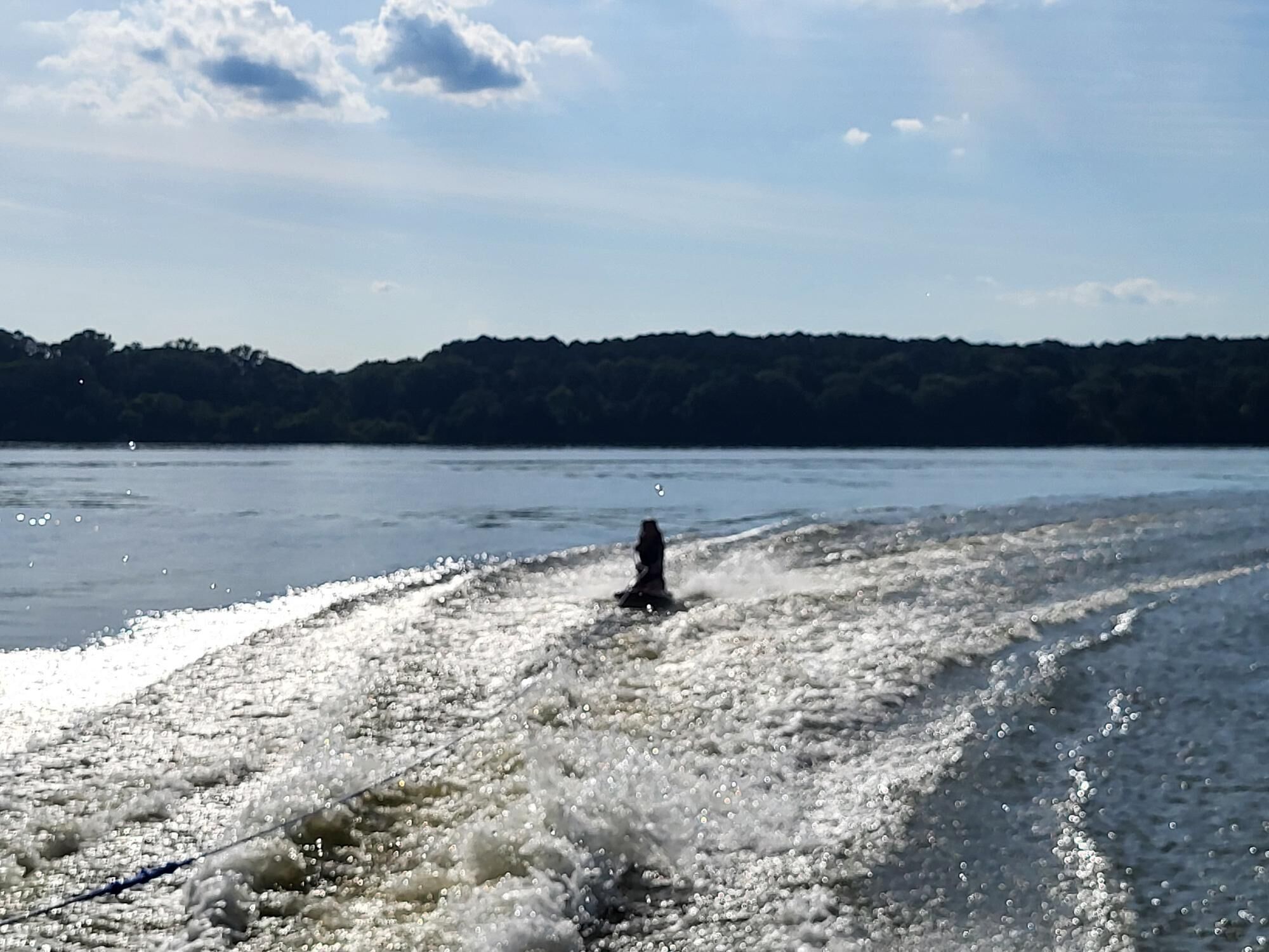 Ein Wakeboarder auf einem See mit bewaldeter Uferlinie.
