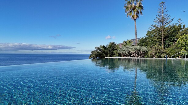A clear blue infinity pool with a view of the ocean and palm trees. - FLH Ocean View Escape at Acqua Residences (Funchal)